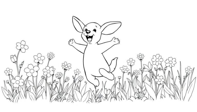 Un petit lapin mignon sautant de joie dans un champ de fleurs, prêt à être colorié dans ce color panel.