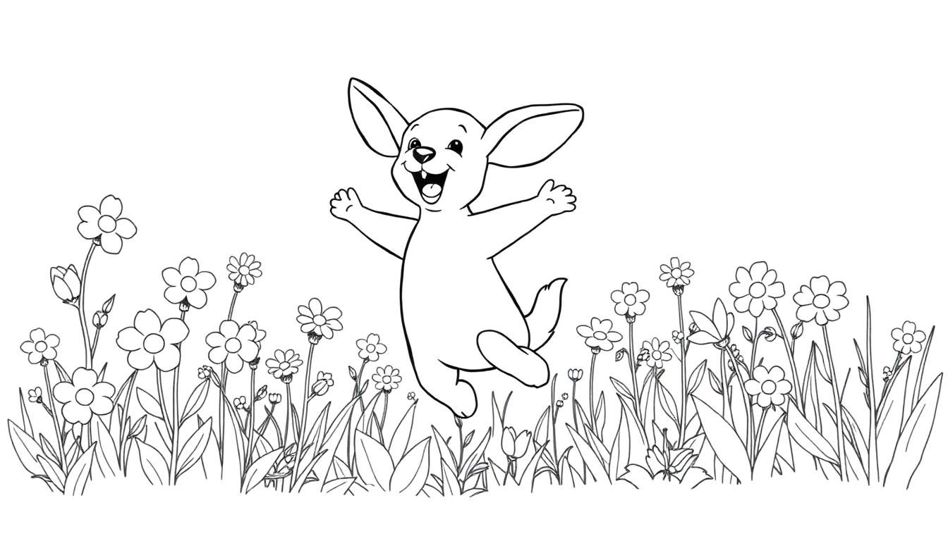 Un petit lapin mignon sautant de joie dans un champ de fleurs, prêt à être colorié dans ce color panel.