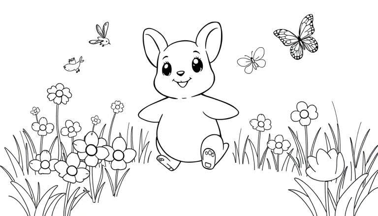 Dessin au trait noir et blanc d'un lapin souriant entouré de fleurs et de papillons.