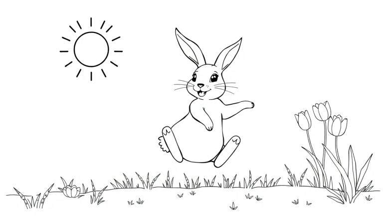 Dessin au trait noir et blanc d'un lapin joyeux levant une patte dans un champ fleuri sous un soleil.