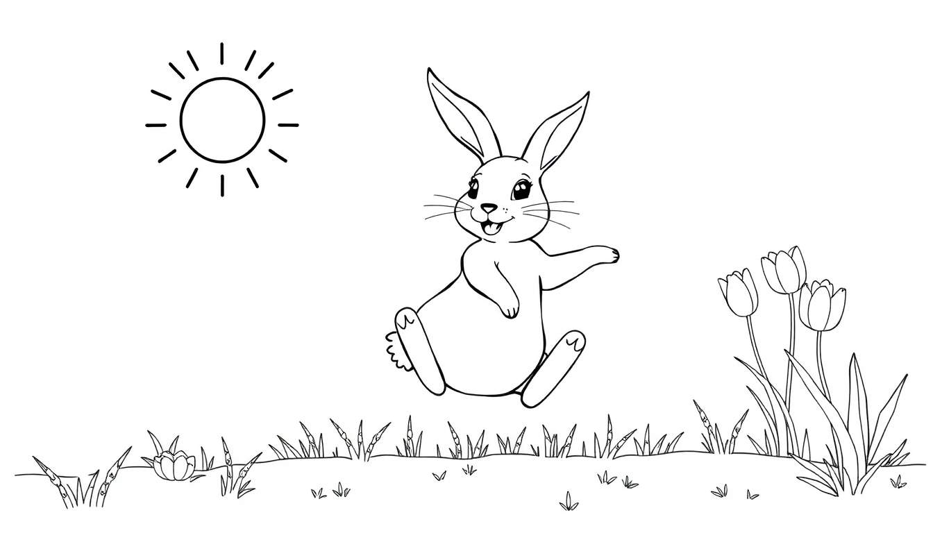 Dessin au trait noir et blanc d'un lapin joyeux levant une patte dans un champ fleuri sous un soleil.