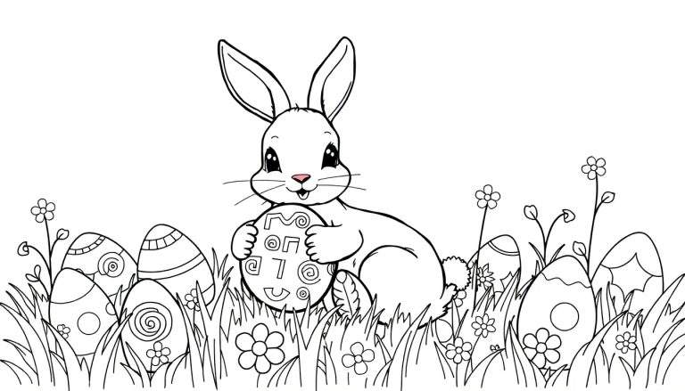 Dessin au trait d'un lapin de Pâques tenant un œuf marqué « EASTER » dans un champ d'herbe avec des œufs de Pâques et des fleurs, idéal pour un color panel.