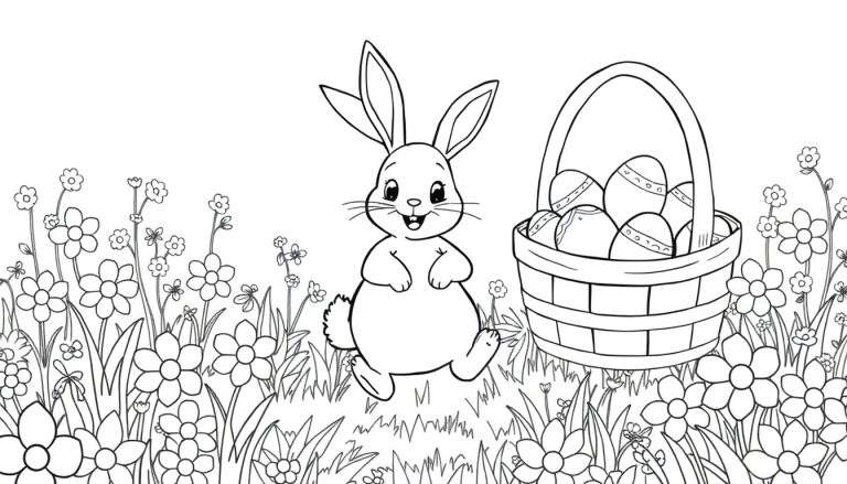 Un lapin de Pâques coloré assis dans un champ de fleurs avec un panier d'œufs.
