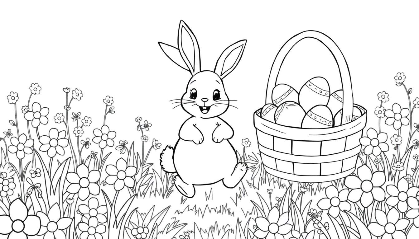 Un lapin de Pâques coloré assis dans un champ de fleurs avec un panier d'œufs.