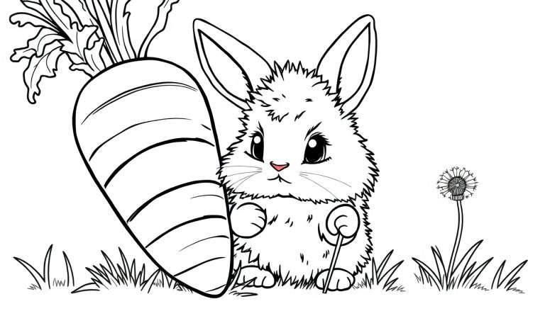 Un lapin mignon assis à côté d'une carotte géante et d'un pissenlit, prêt à être coloré dans un color panel.