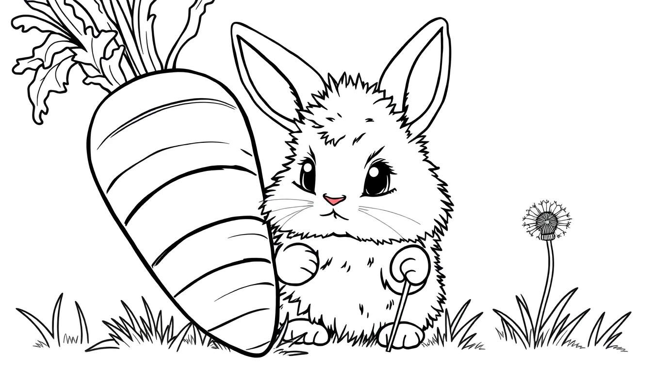 Un lapin mignon assis à côté d'une carotte géante et d'un pissenlit, prêt à être coloré dans un color panel.