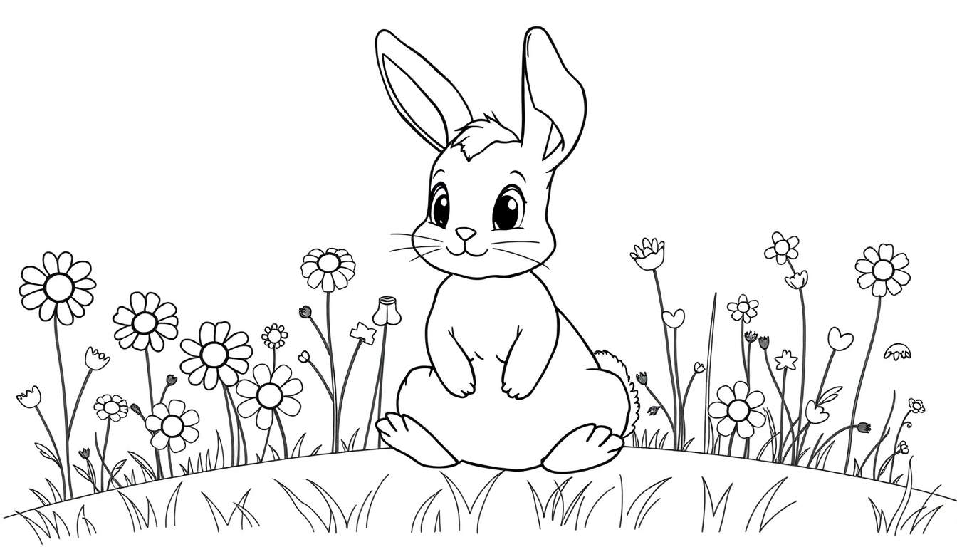 Un lapin noir et blanc joyeux assis dans un champ de fleurs, prêt pour un color panel.