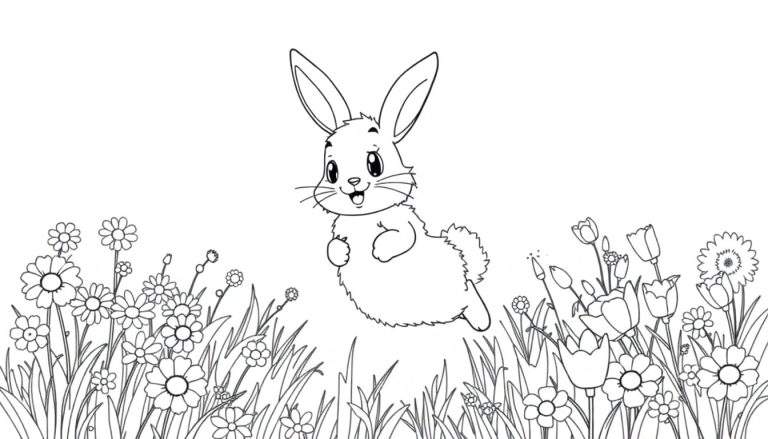 Un mignon lapin dessiné au trait, flottant dans un champ de fleurs, idéal pour un coloriage.