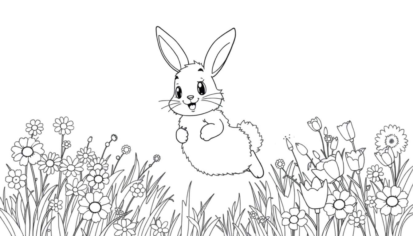 Un mignon lapin dessiné au trait, flottant dans un champ de fleurs, idéal pour un coloriage.