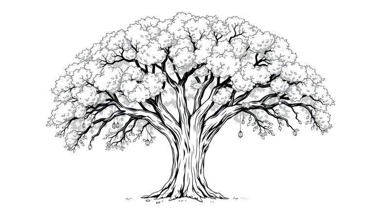 Dessin d'un grand arbre à l'encre noire avec des fruits, sur un fond blanc.