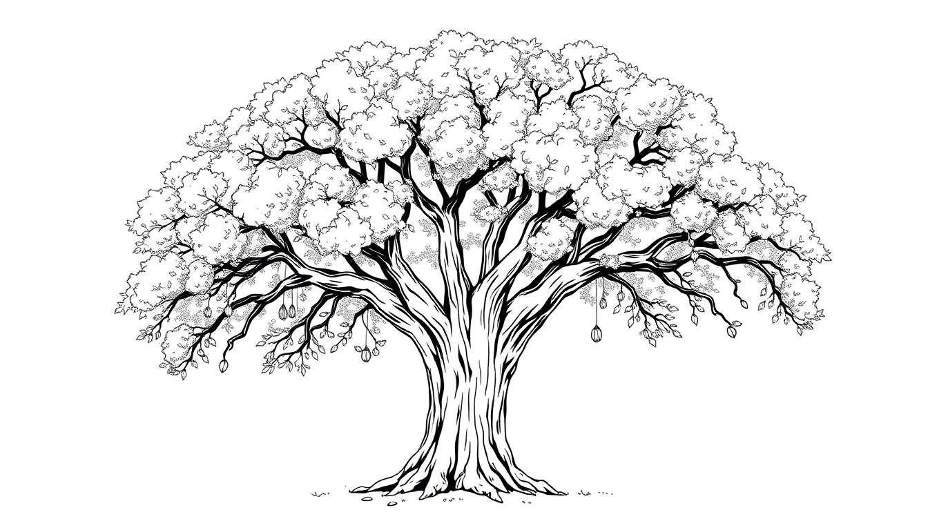 Dessin d'un grand arbre à l'encre noire avec des fruits, sur un fond blanc.