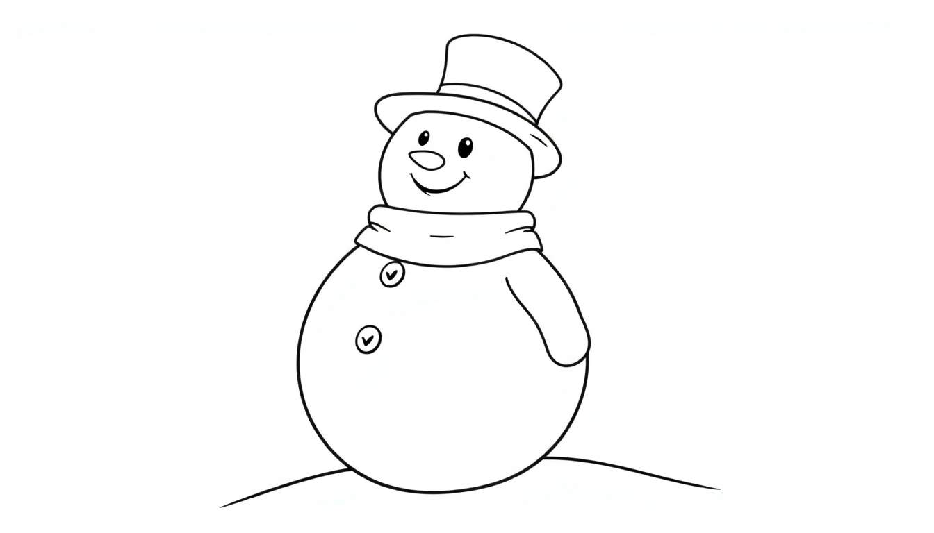 Un bonhomme de neige souriant avec un chapeau haut de forme et une écharpe colorée.
