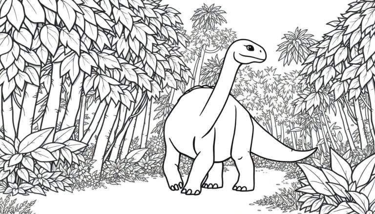 Dessin au trait d'un brachiosaure dans une jungle, prêt pour le coloriage.