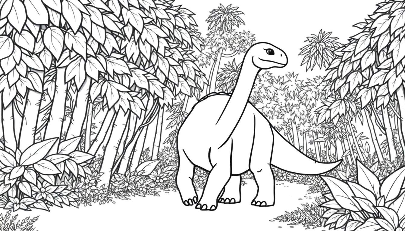 Dessin au trait d'un brachiosaure dans une jungle, prêt pour le coloriage.