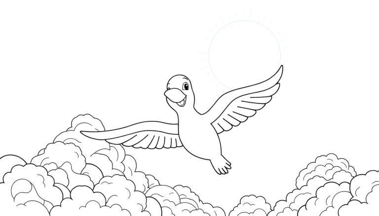 Dessin au trait d'un canard souriant volant dans le ciel avec des nuages et un soleil.