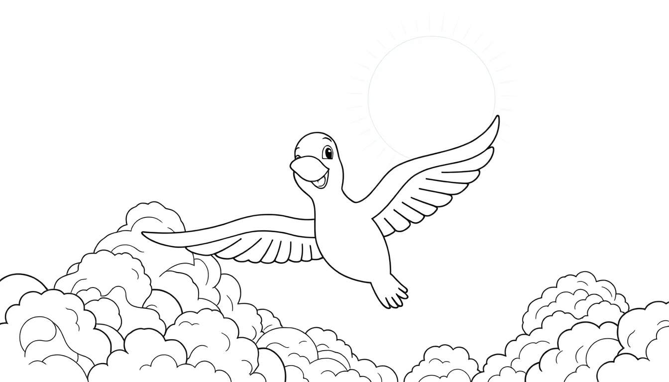 Dessin au trait d'un canard souriant volant dans le ciel avec des nuages et un soleil.
