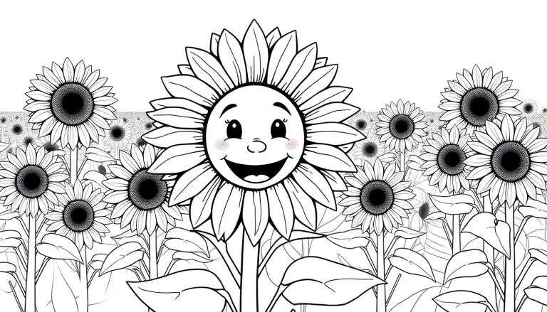 Dessin au trait d'un champ de tournesols avec un grand tournesol souriant au premier plan.