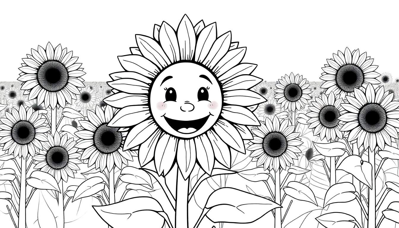Dessin au trait d'un champ de tournesols avec un grand tournesol souriant au premier plan.