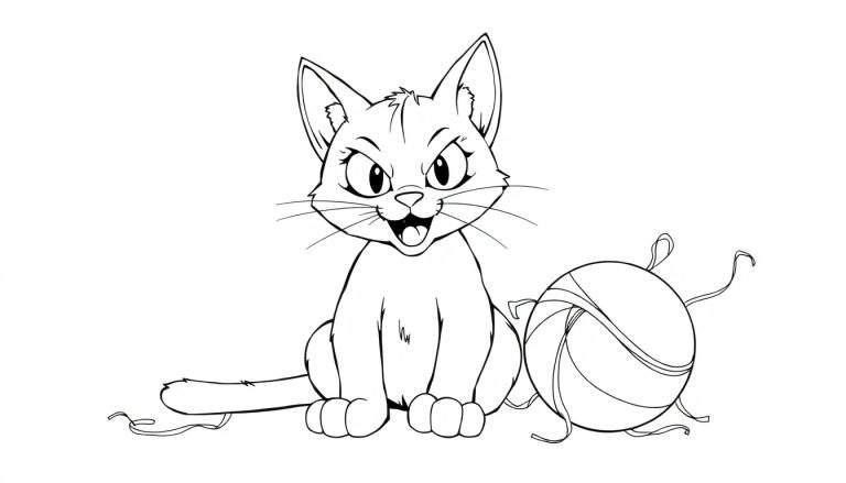 Un chaton joueur face à une pelote de laine, prêt à s'amuser, idéal pour un color panel.