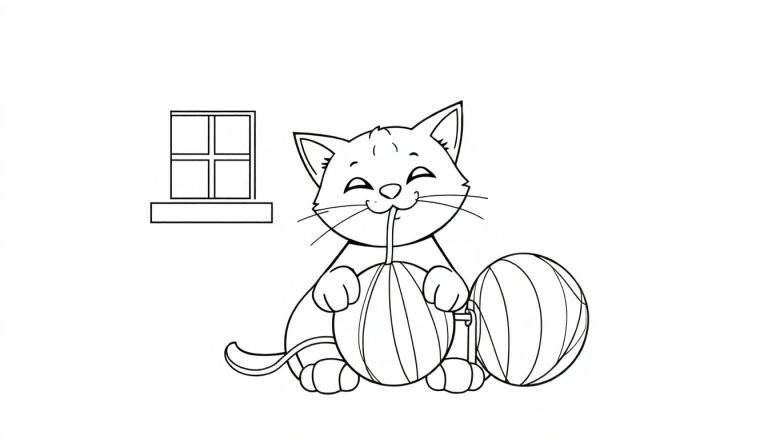 Un chat joueur avec des boules de laine devant lui, en noir et blanc, une fenêtre sur le côté, un color panel.