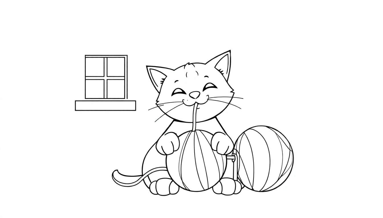 Un chat joueur avec des boules de laine devant lui, en noir et blanc, une fenêtre sur le côté, un color panel.
