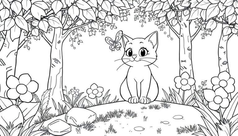 Un chaton curieux avec un papillon sur la tête, assis dans une forêt colorée, prêt à être colorié.