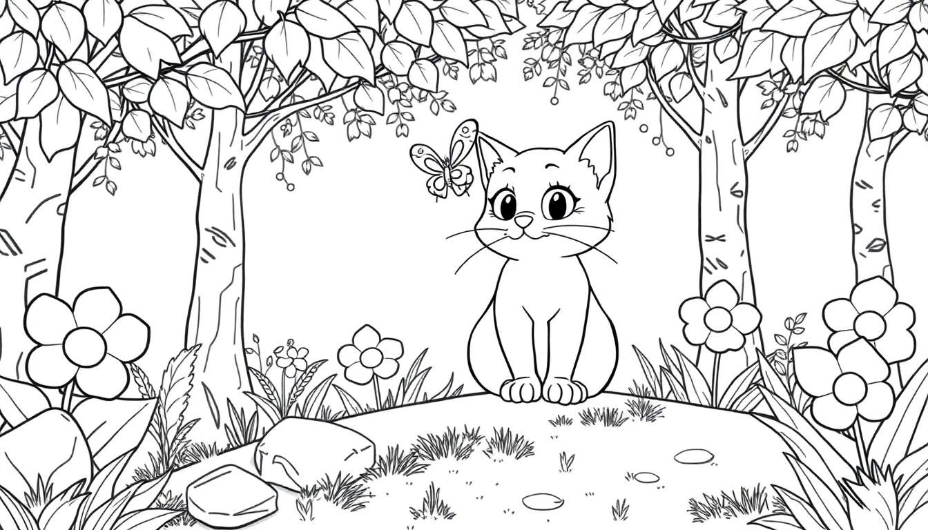 Un chaton curieux avec un papillon sur la tête, assis dans une forêt colorée, prêt à être colorié.