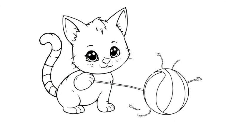 Chaton mignon jouant avec une pelote de fil en noir et blanc.