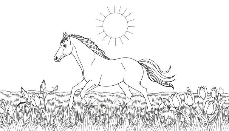 Un cheval noir et blanc galope dans un champ de tulipes colorées sous un soleil rayonnant, style livre de coloriage avec des contours marqués.