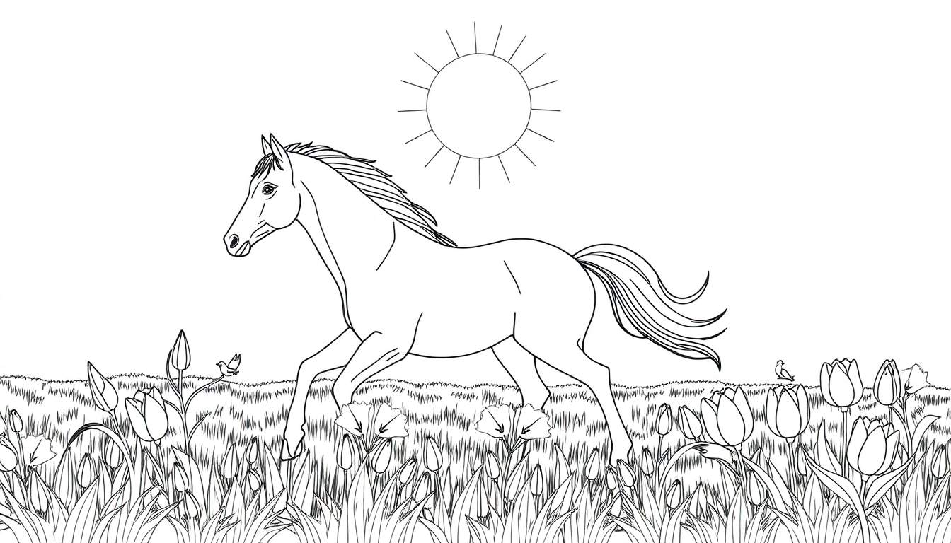 Un cheval noir et blanc galope dans un champ de tulipes colorées sous un soleil rayonnant, style livre de coloriage avec des contours marqués.
