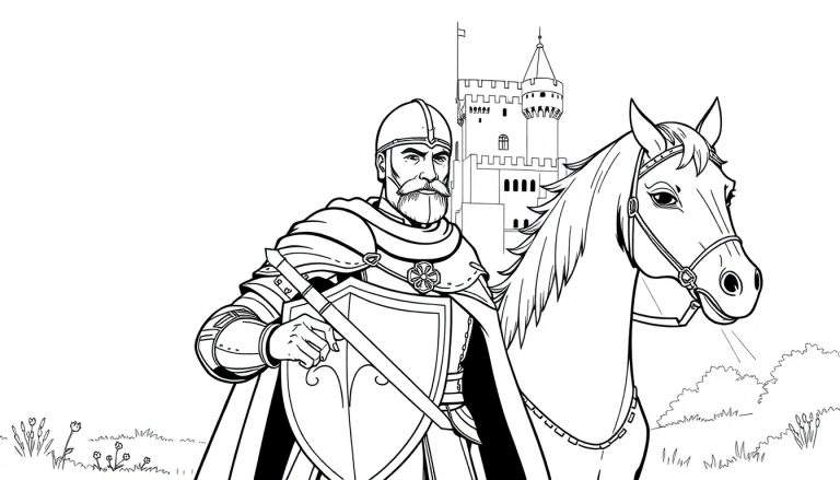 Un chevalier en armure avec un bouclier fleur de lys et une épée, debout à côté de son cheval devant un château.