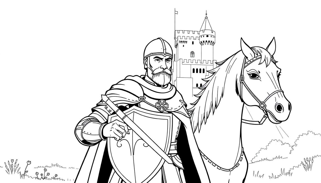 Un chevalier en armure avec un bouclier fleur de lys et une épée, debout à côté de son cheval devant un château.