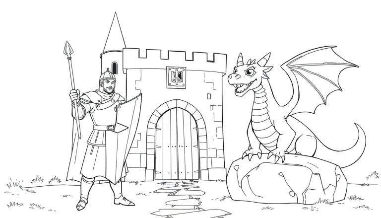 Chevalier courageux face à un château et un dragon, avec un panneau coloré en arrière-plan.