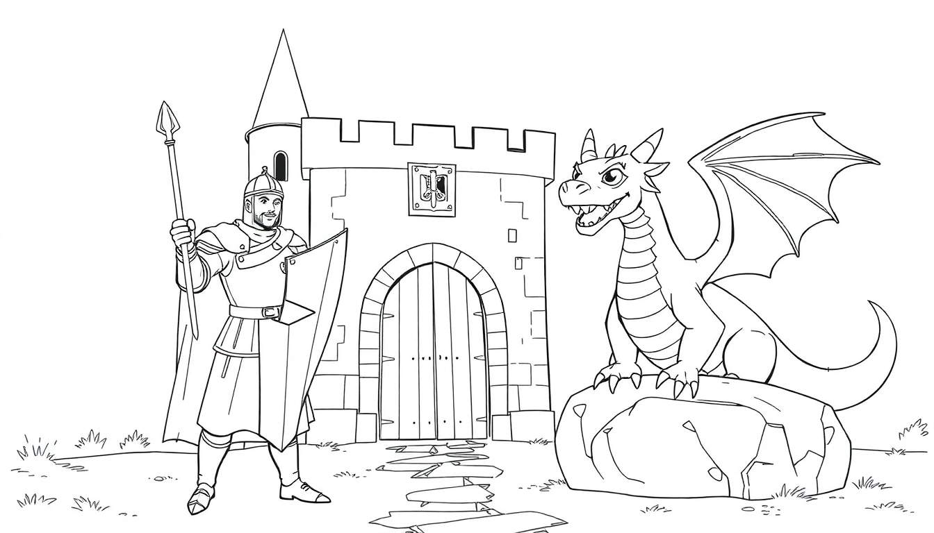 Chevalier courageux face à un château et un dragon, avec un panneau coloré en arrière-plan.