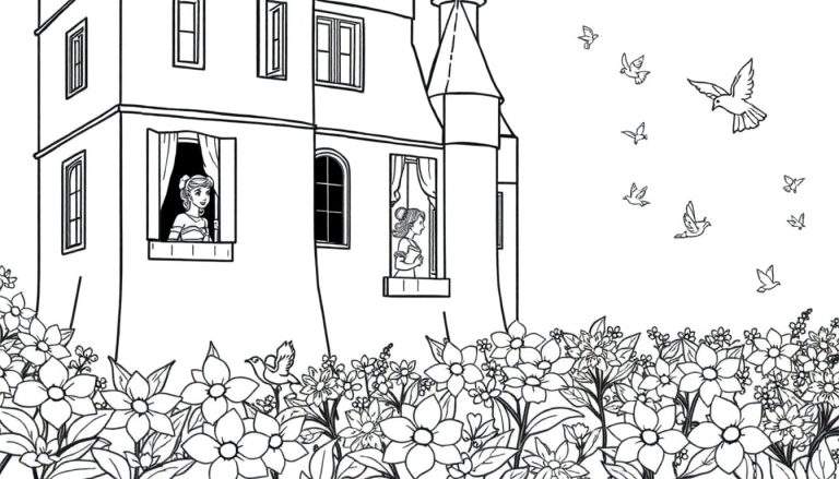 Un château avec des fleurs, deux jeunes femmes aux fenêtres et des oiseaux dans le ciel.