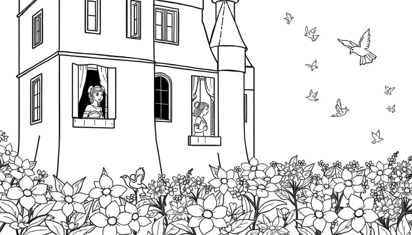 Un château avec des fleurs, deux jeunes femmes aux fenêtres et des oiseaux dans le ciel.