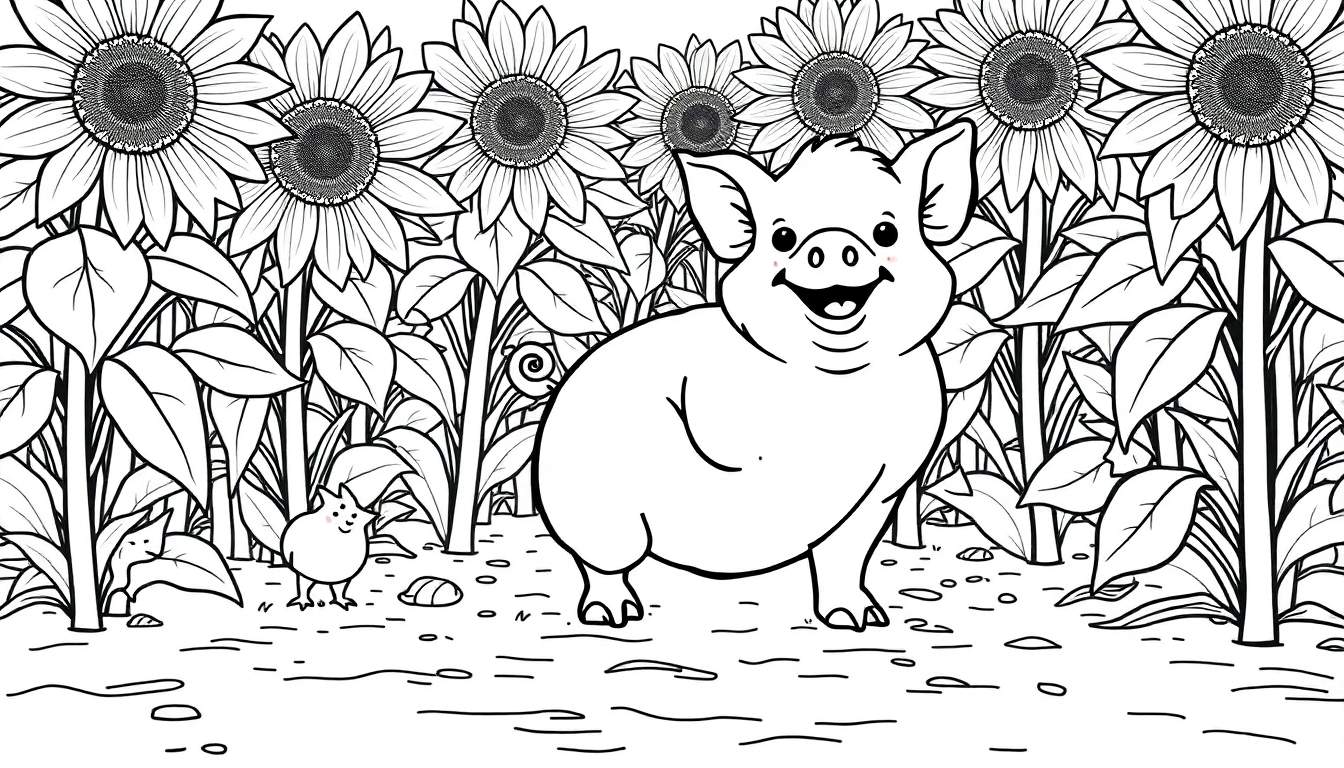 Dessin au trait noir et blanc d'un cochon souriant avec un poussin à côté, dans un champ de tournesols. Color panel.