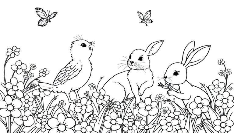 Un dessin au trait d'un oiseau chantant entouré de fleurs et de lapins dans un paysage printanier.