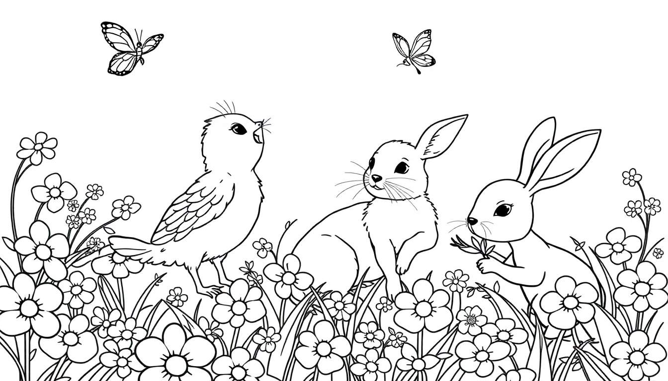 Un dessin au trait d'un oiseau chantant entouré de fleurs et de lapins dans un paysage printanier.