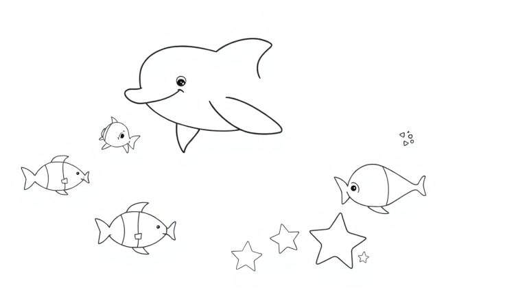 Un dauphin souriant nageant avec des poissons et des étoiles dans un color panel sous-marin.