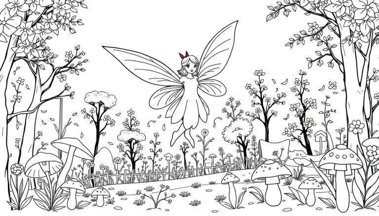 Une fée colorée vole au-dessus d'un jardin de fleurs dans un color panel de forêt enchantée.