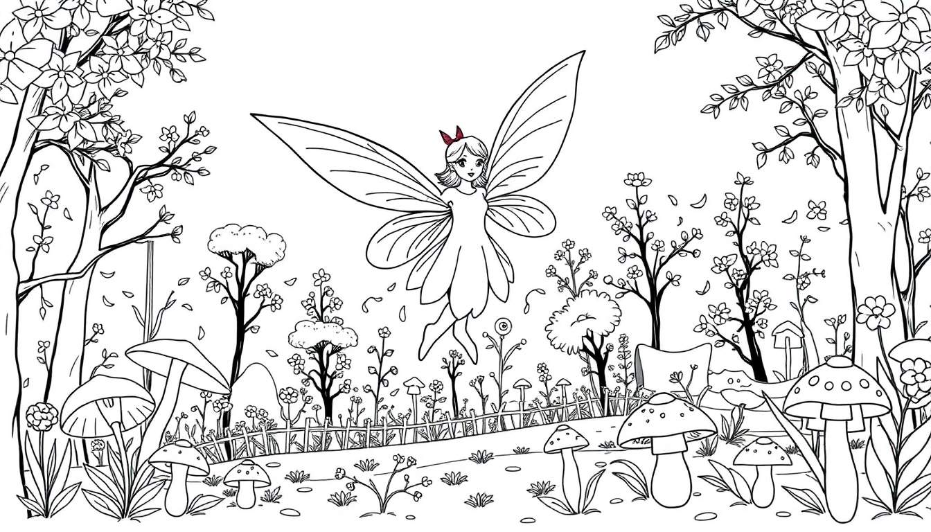 Une fée colorée vole au-dessus d'un jardin de fleurs dans un color panel de forêt enchantée.