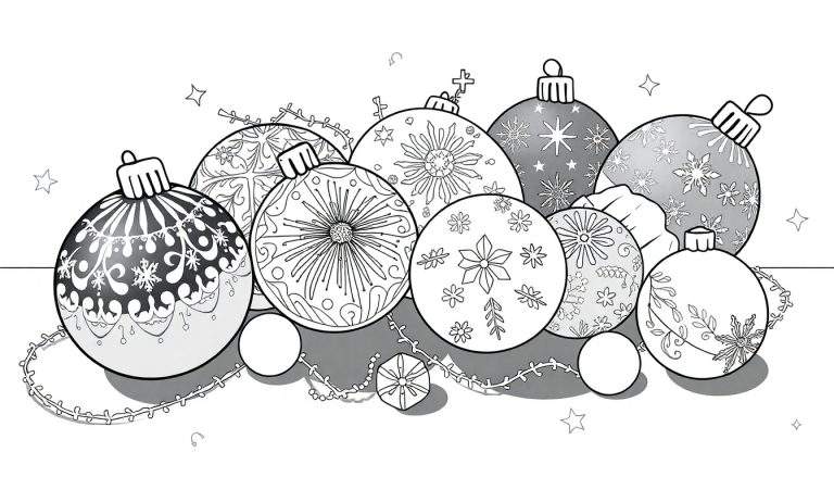 Des ornements de Noël en noir et blanc, avec des flocons de neige et des motifs de fleurs, prêts à être colorés.