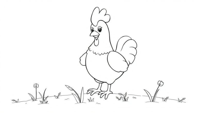 Un coq noir et blanc en dessin au trait, debout dans l'herbe, prêt à être colorisé comme un color panel.
