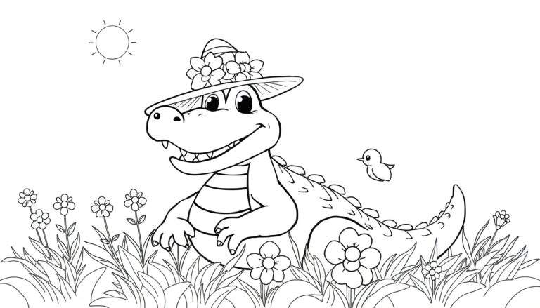 Un crocodile amical avec un chapeau fleuri dans un champ, prêt à être colorié sur un color panel.