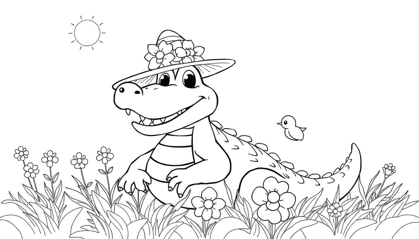 Un crocodile amical avec un chapeau fleuri dans un champ, prêt à être colorié sur un color panel.