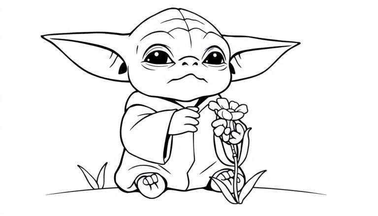Bébé Yoda, avec de grandes oreilles, regarde une fleur avec curiosité. Il tient une petite créature dans ses bras.