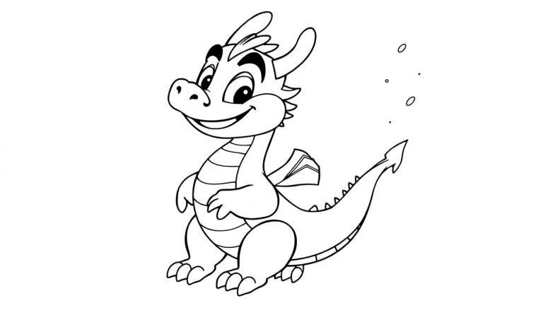 Dessin au trait d'un mignon dragon de dessin animé noir et blanc prêt à être colorié, avec des ailes, une queue pointue et une expression amicale.