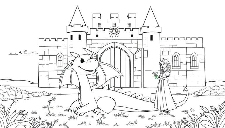 Un dessin au trait d'un dragon souriant et d'une princesse dans un cadre de conte de fées, avec un château en arrière-plan et un color panel de fleurs et d'herbe.