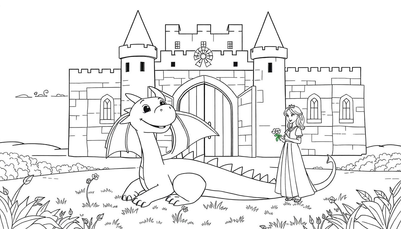 Un dessin au trait d'un dragon souriant et d'une princesse dans un cadre de conte de fées, avec un château en arrière-plan et un color panel de fleurs et d'herbe.